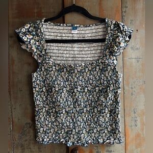 Old Navy Floral Smocked Blouse - Navy and White